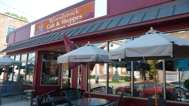 The Woodstock Cafe and Shoppes, typical of downtown Woodstock, Virginia.