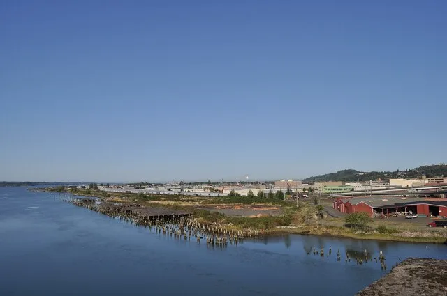 Looking at downtown, Aberdeen, Washington, USA, (and downriver on the Chehalis River, not the Wishkah) from the U.S. Route 101 bridge.
