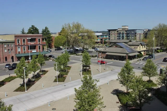 The public plaza at Auburn station in Auburn, Washington, US, seen from the parking garage.