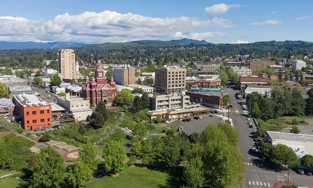 The skyline of downtown Bellingham, Washington (pop. 91,482), the county seat of Whatcom County.