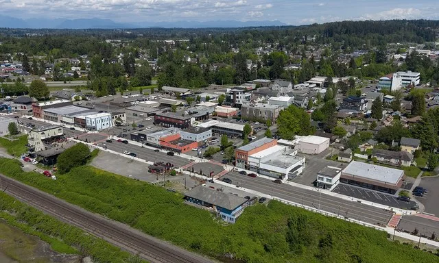 Aerial view of Blaine, Washington (pop. 5,884). The city's northern boundary is the Canada–U.S. border, and it's the northernmost city on Interstate 5.