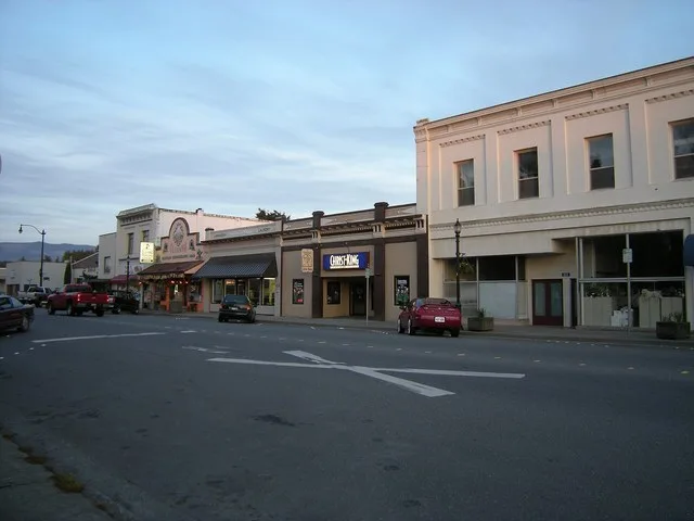 South side 600 block of E. Fairhaven Avenue, Burlington, Washington, USA, including Mexican restaurants and Christ the King Community Church with G.K. Chesterton's Coffee House.