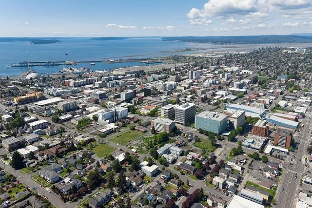 Aerial view of downtown Everett, Washington, the county seat and most populous city in Snohomish County.