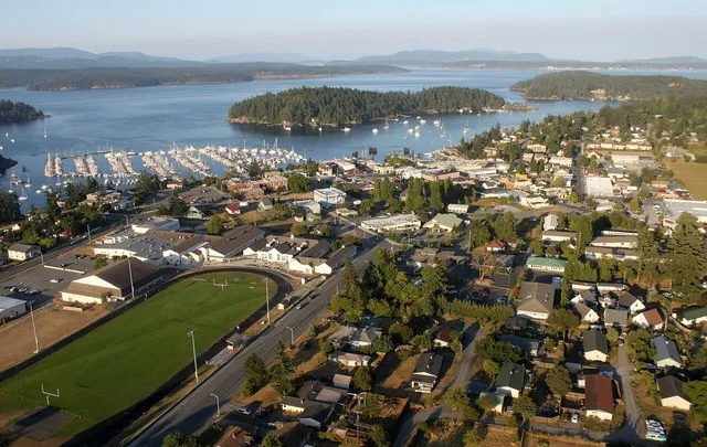 An aerial view of Friday Harbor, on San Juan Island, Washington. Shot from about 400' AGL, looking east.