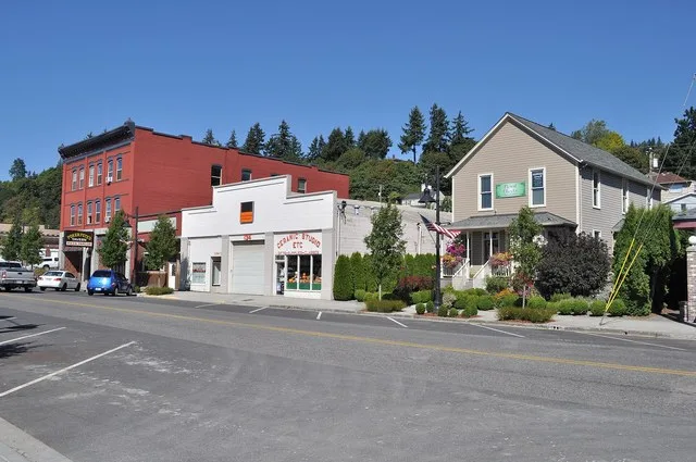 Buildings on the east side of the 100 block of N 1st Street, downtown Kalama, Washington.