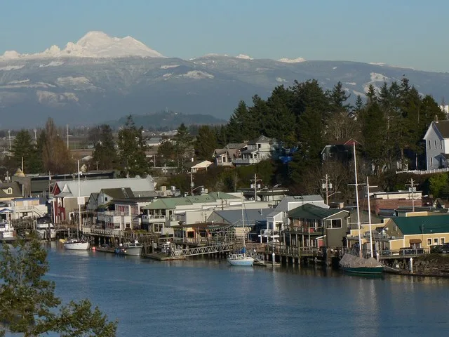 La Conner, Washington waterfront, Mount Baker (10,781 feet, 3286 meters)