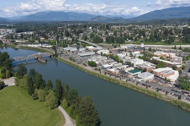 Aerial view of downtown Mount Vernon, Washington (pop. 35,219), the county seat and most populous city in Skagit County.