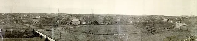 Panoramic view of Oakesdale, Washington, taken from the west and looking south. Note: Steptoe Butte in right background, Barren's flour mill (white building) on the left. The scho...