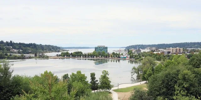 Final day of annual Lakefair festival at Capitol Lake in Olympia, Washington ; taken on July 20 , 2025 from the Law Enforcement Memorial at the Washington State Capitol
