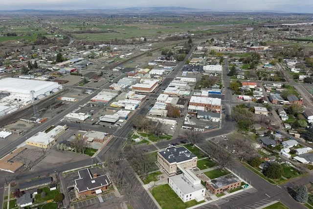 Aerial view of downtown Prosser, Washington (pop. 6,062), the county seat of Benton County