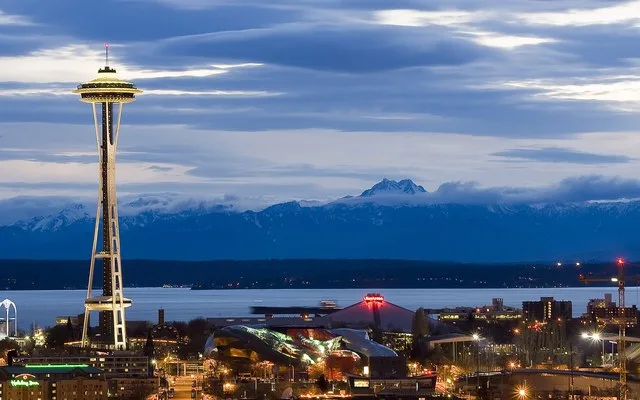 Seattle Center as night falls.