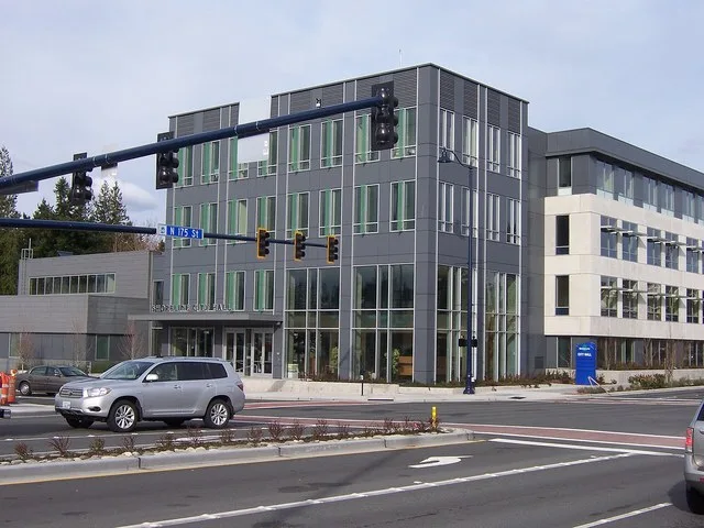 Looking northeast towards City Hall at the corner of Midvale Avenue and 175th St in Shoreline, Washington, USA.