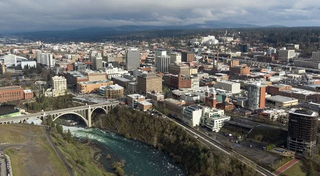 Aerial view of downtown Spokane, the largest city in eastern Washington and Washington’s second-largest city, with a 2024 estimated population of 230,609.