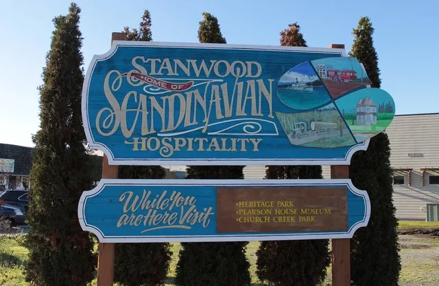 A welcome sign in Stanwood , proclaiming it as the home of "Scandinavian Hospitality"