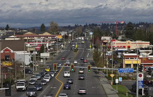 Overhead view of International Boulevard (formerly Washington State Route 99 in Tukwila, Washington, seen looking north from the Link light rail station