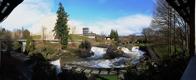 Panoramic view of the falls at Tumwater, Washington from Falls Terrace Restaurant.