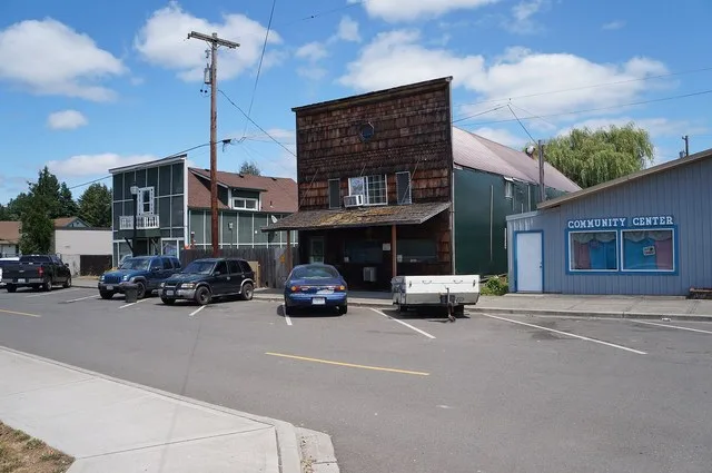 Looking north at buildings on A Street in downtown Vader, Washington .