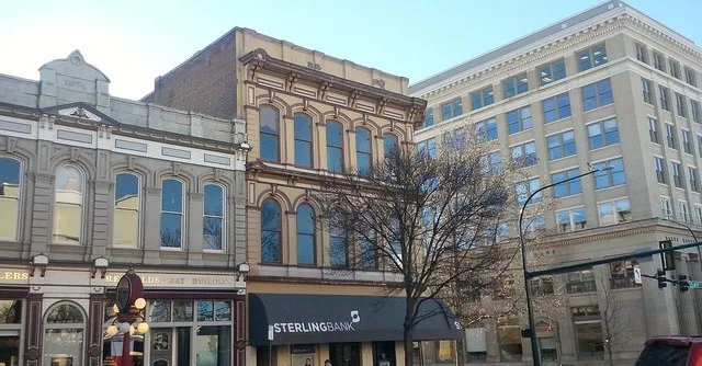Day Reynolds Building, Sterling Bank and Baker Boyer Bank buildings in downtown Walla Walla, WA at Second and Main.