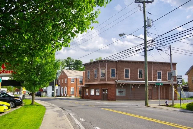 View along State Street (West Virginia Route 20) in Athens, West Virginia, United States. The Athens Town Hall is on the right.
