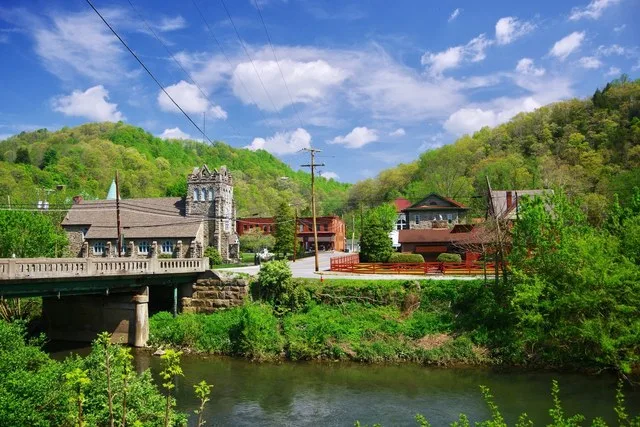 Bramwell, West Virginia, United States, viewed from Duhring Avenue. The Bluestone River is in the foreground.