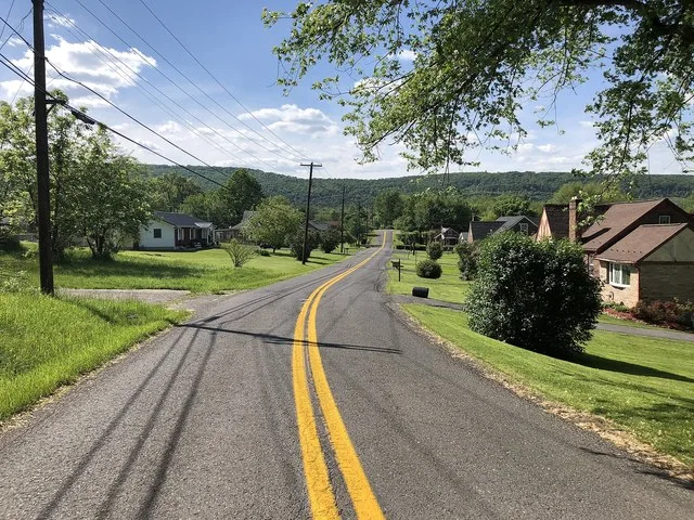 View northwest along Mineral County Route 28 (Miller Road) at Washington Street in Carpendale, Mineral County, West Virginia