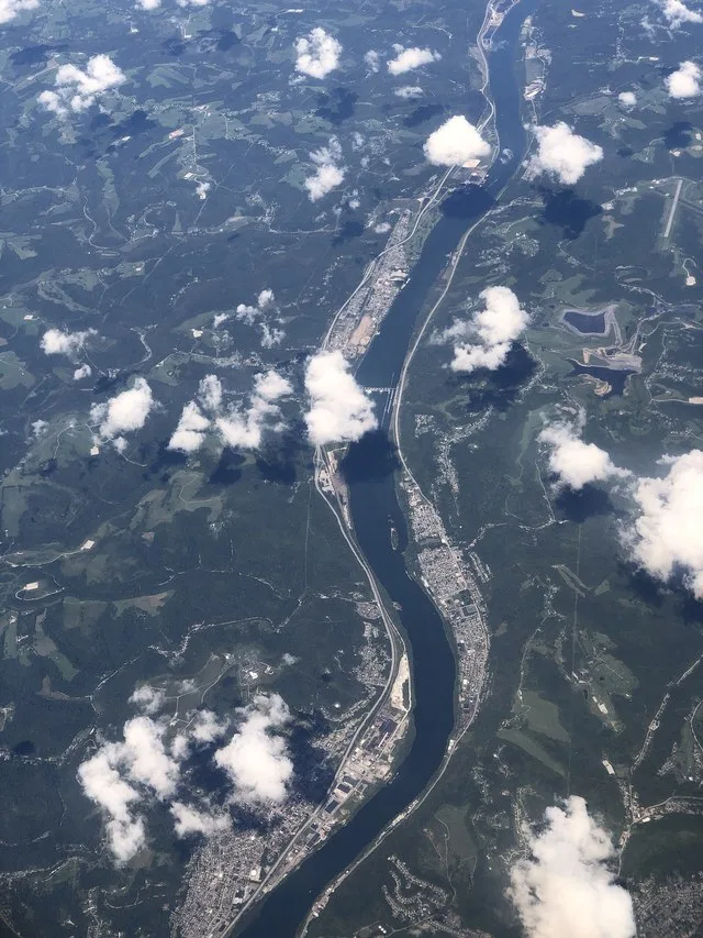 Aerial view of the Ohio River along the Ohio and West Virginia border, centered on the border of Clearview and Wheeling in Ohio County, West Virginia and Pease Township, Belmont C...