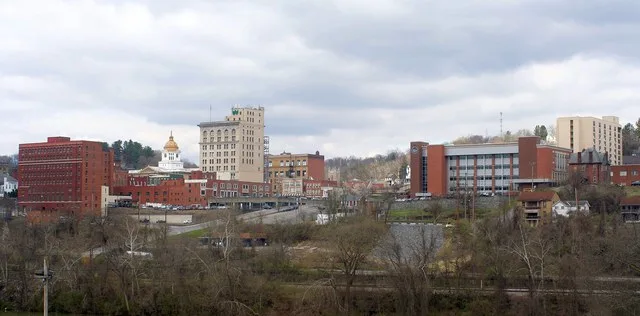 Skyline of Fairmont, WV in 2023, taken from across the Monongahela River.
