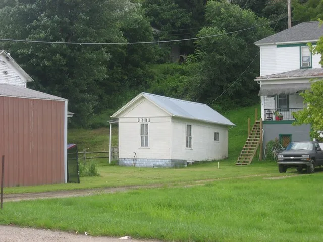 Front and western side of the Friendly City Building and Jail , located on the southern side of West Virginia Route 2 in Friendly , West Virginia , United States . Built in 1901...