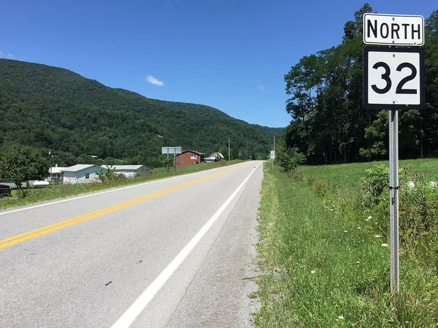 View north along West Virginia State Route 32 (Appalachian Highway) at Mott Street in Harman, Randolph County, West Virginia