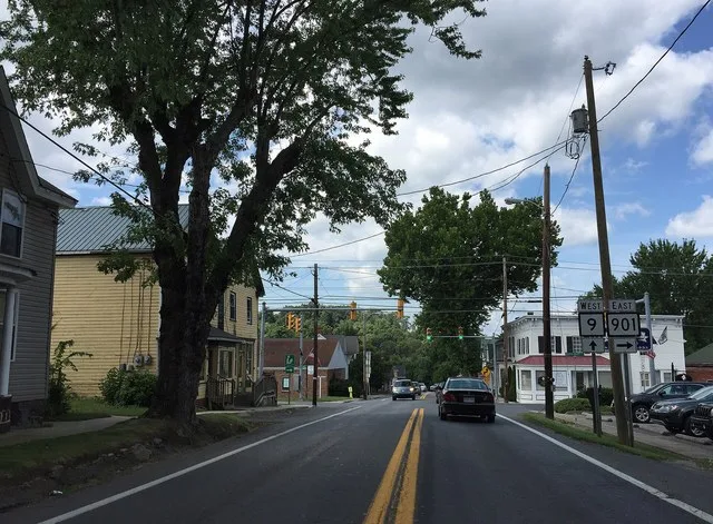 View west along West Virginia State Route 9 (Hedgesville Road) between Zion Street and West Virginia State Route 901 (Mary Street) in Hedgesville, Berkeley County, West Virginia