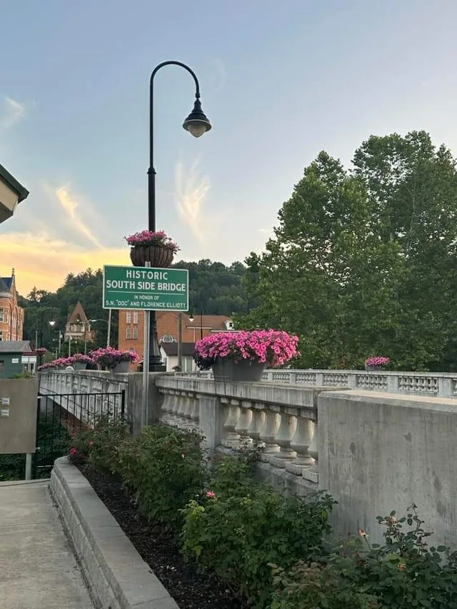 Pictured to the left is the Wintergarden Amphitheater, and in middle is the Historic Southside Bridge.