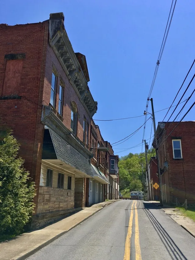 Looking southward along Bridge Street from the corner of Main Avenue, Monongah, West Virginia, May 2020.