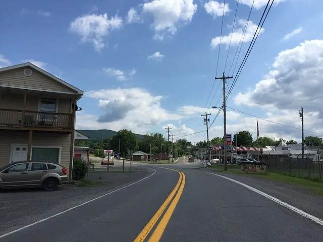 View east along West Virginia State Route 9 (Henry W Miller Highway) at Depot Street in Paw Paw, Morgan County, West Virginia