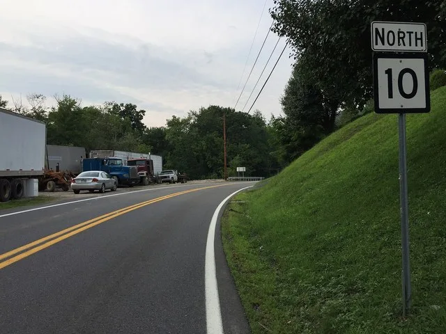 View north along West Virginia State Route 10 (McClellan Highway) at West Virginia State Route 3 (Straight Fork Road) in West Hamlin, Lincoln County, West Virginia