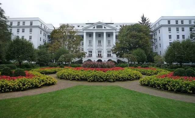 The iconic North Entrance of The Greenbrier in White Sulphur Springs, West Virginia .