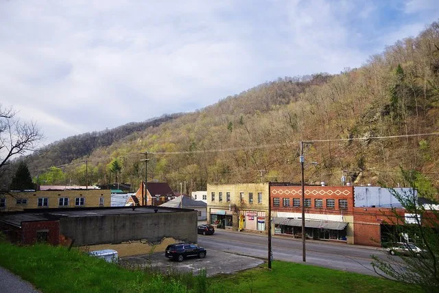 Buildings along West Virginia Route 3 (Coal River Road) in Whitesville, West Virginia, United States.