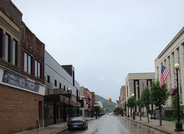 View down East 2nd Avenue in the downtown commercial area of Williamson, West Virginia .