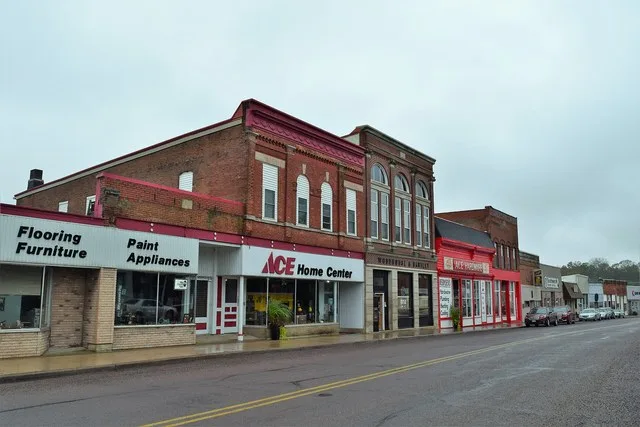 Stores in downtown Bloomington, Wisconsin .