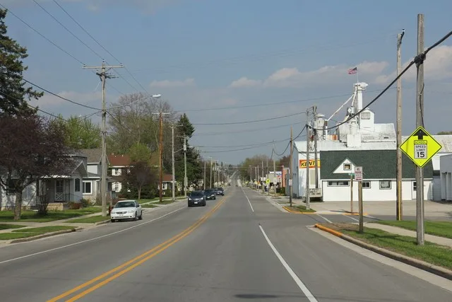 Looking east at w:Brownsville, Wisconsin on w:Wisconsin Highway 49 .