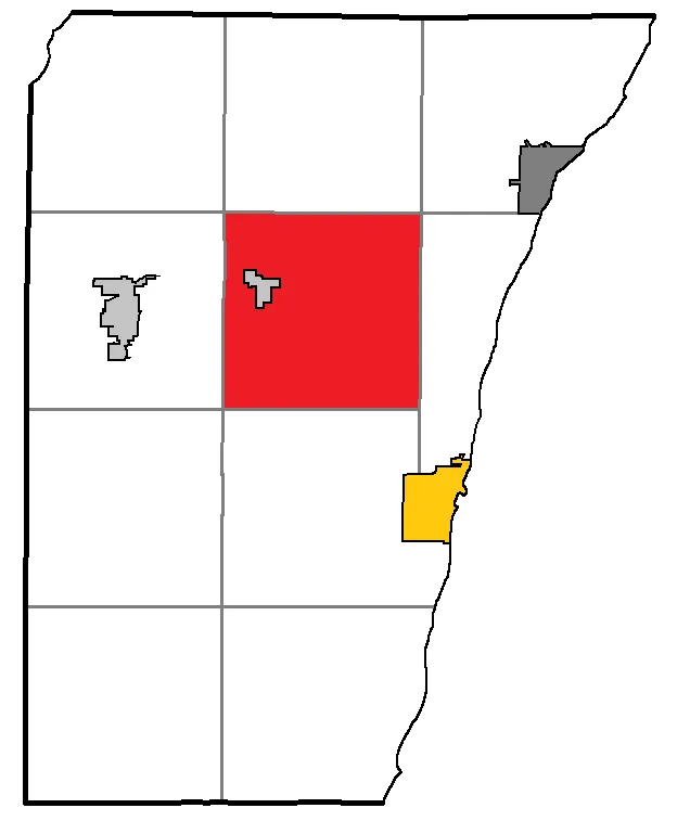 Map of Kewaunee County WI, highlighting the town of Casco; with the county seat in gold, city in gray, and villages in silver