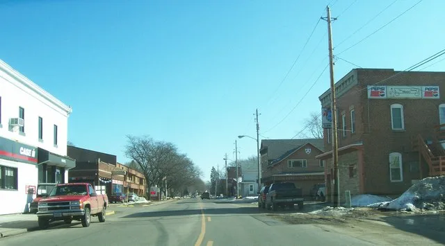 Looking east at downtown w:Cross Plains, Wisconsin on w:U.S. Route 14 .