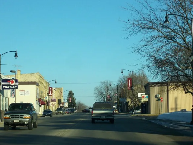 Looking east at downtown w:Fox Lake, Wisconsin in Dodge County, Wisconsin.