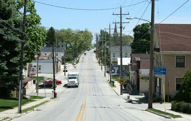 The village of Fredonia, Wisconsin. Looking east on Fredonia Ave./formerly w:Wisconsin Highway 84 .