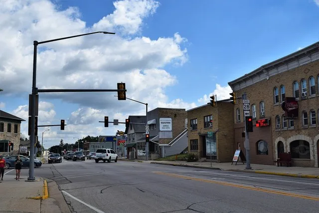 The intersection of U.S. Route 45 and Wisconsin Highway 28 in downtown Kewaskum, Wisconsin .