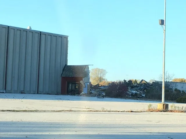 Demolition progress on the Lakeview Centre (formerly Mid-Cities Mall) in Manitowoc, WI. Seen here is the last remaining wall of Hardee's restaurant.