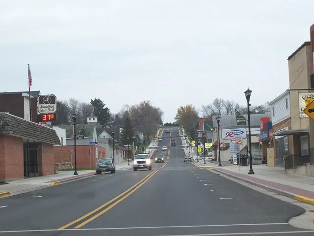 Looking south at downtown w:Marathon City, Wisconsin , USA on w:Wisconsin Highway 107 .