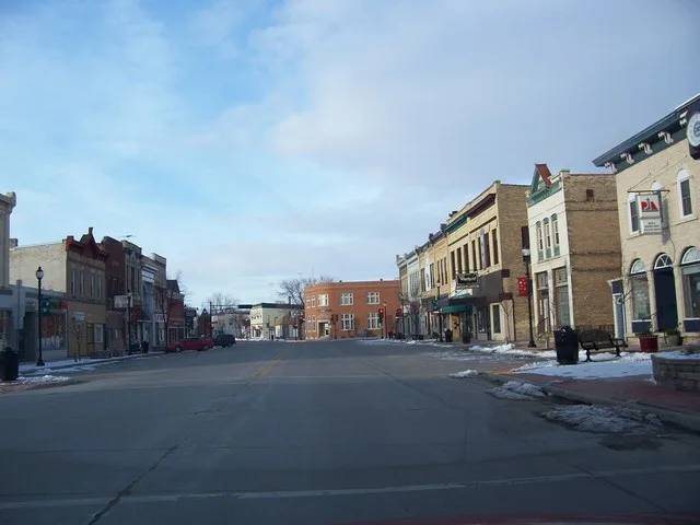 Looking north at downtown w:Mayville, Wisconsin on w:Wisconsin Highway 67 and w:Wisconsin Highway 28 .