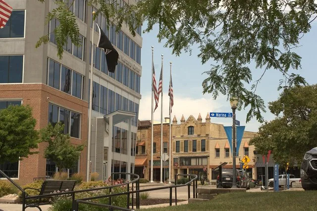 A photo of Downtown Menasha looking North. Taken from the Mill Street Veranda.