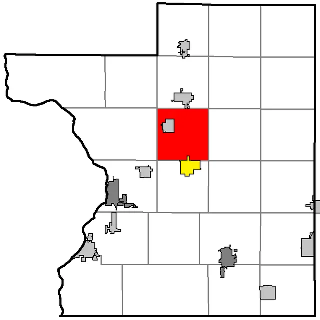 Map of Polk County WI, highlighting the town of Milltown, with county seat in yellow, cities in grey, and villages in silver
