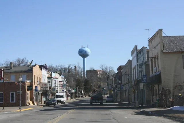 Looking east in downtown w:Montello, Wisconsin . It is listed on the National Register of Historic Places as the w:Montello Commercial Historic District . This is an image of a pl...